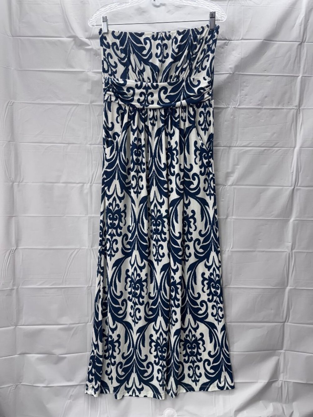 Loila Strapless Maxi Dress Size L Blue White Damask Print Empire Waist USA